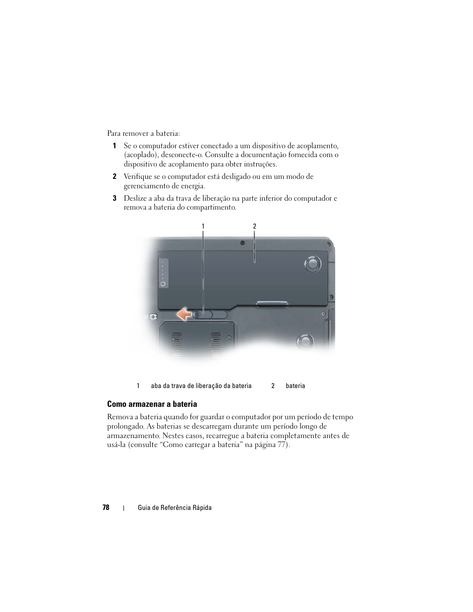 Como armazenar a bateria | Dell Precision M6300 (Late 2007) User Manual | Page 78 / 116