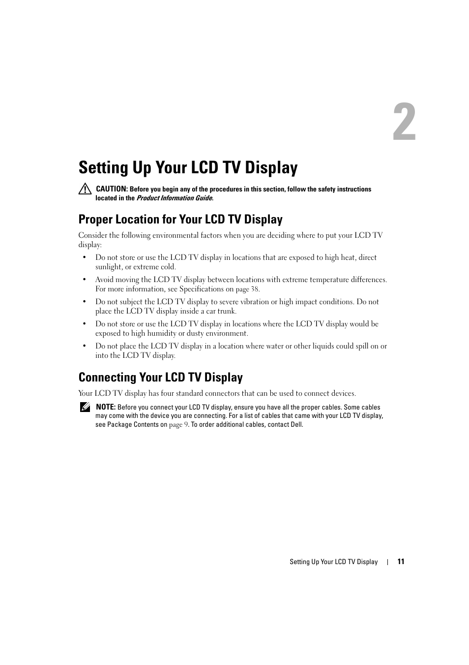 Setting up your lcd tv display, Proper location for your lcd tv display, Connecting your lcd tv display | 2 setting up your lcd tv display | Dell LCD TV W2306C User Manual | Page 11 / 180