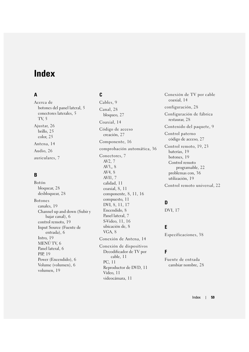 Index | Dell LCD TV W2306C User Manual | Page 119 / 180
