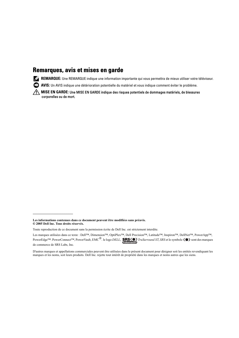 Remarques, avis et mises en garde | Dell LCD TV W2306C User Manual | Page 122 / 180