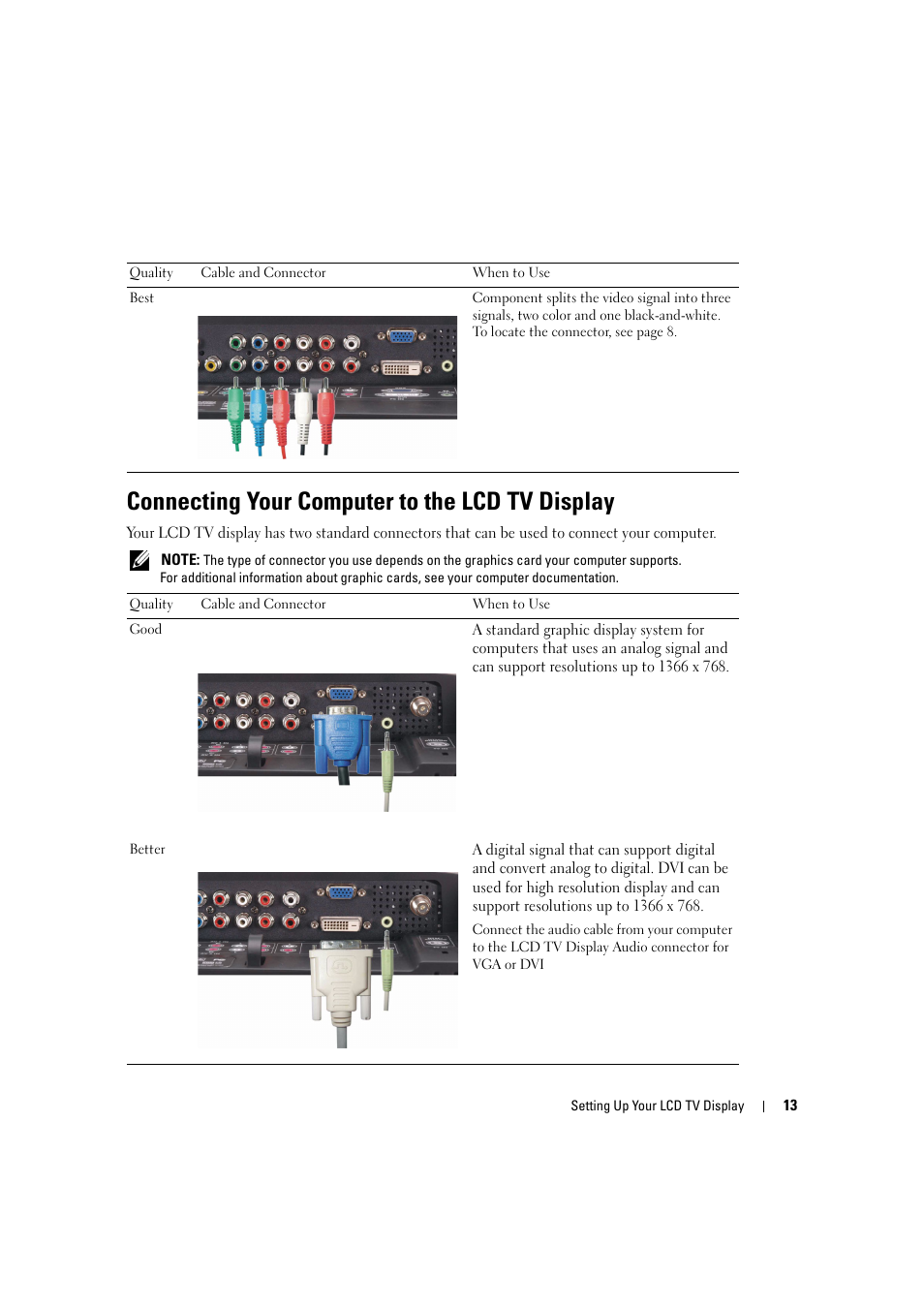 Connecting your computer to the lcd tv display | Dell LCD TV W2306C User Manual | Page 13 / 180