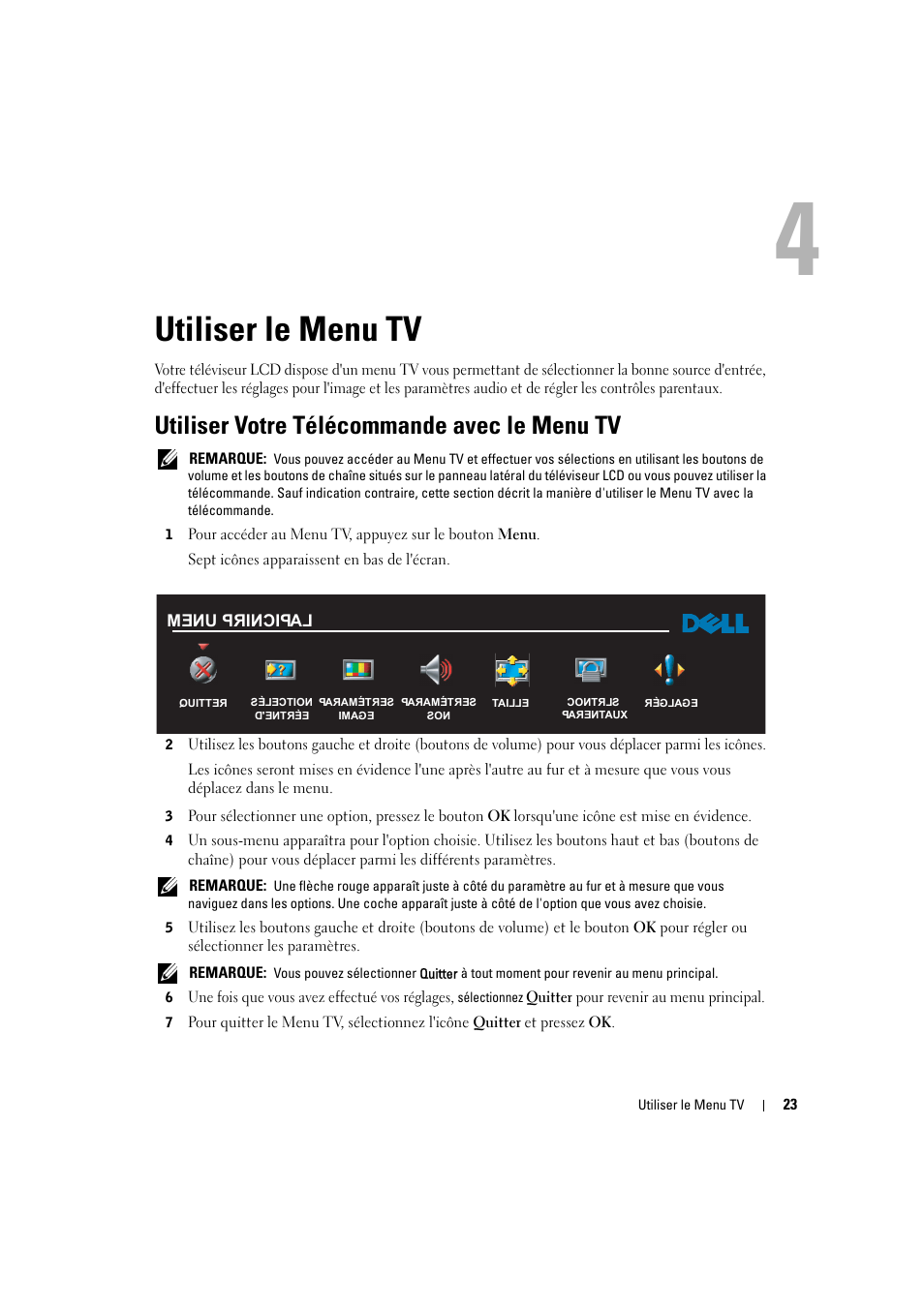 Utiliser le menu tv, Utiliser votre télécommande avec le menu tv, 4 utiliser le menu tv | Dell LCD TV W2306C User Manual | Page 143 / 180
