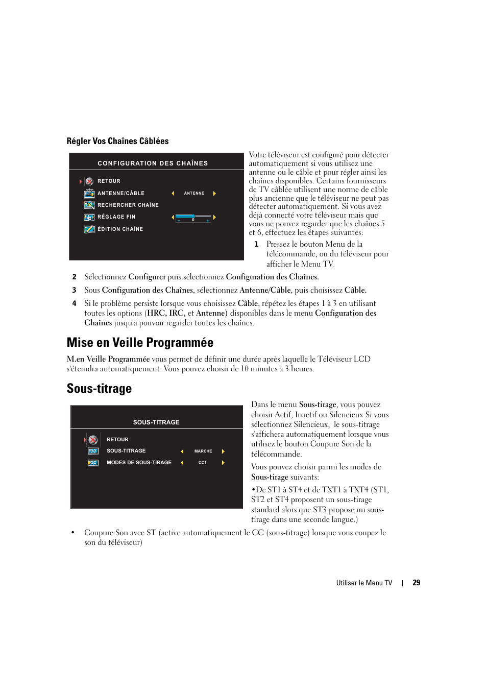 Mise en veille programmée, Sous-titrage | Dell LCD TV W2306C User Manual | Page 149 / 180