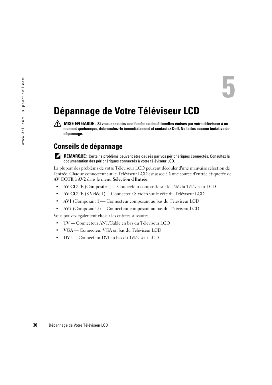 Dépannage de votre téléviseur lcd, Conseils de dépannage, 5 dépannage de votre téléviseur lcd | Dell LCD TV W2306C User Manual | Page 150 / 180