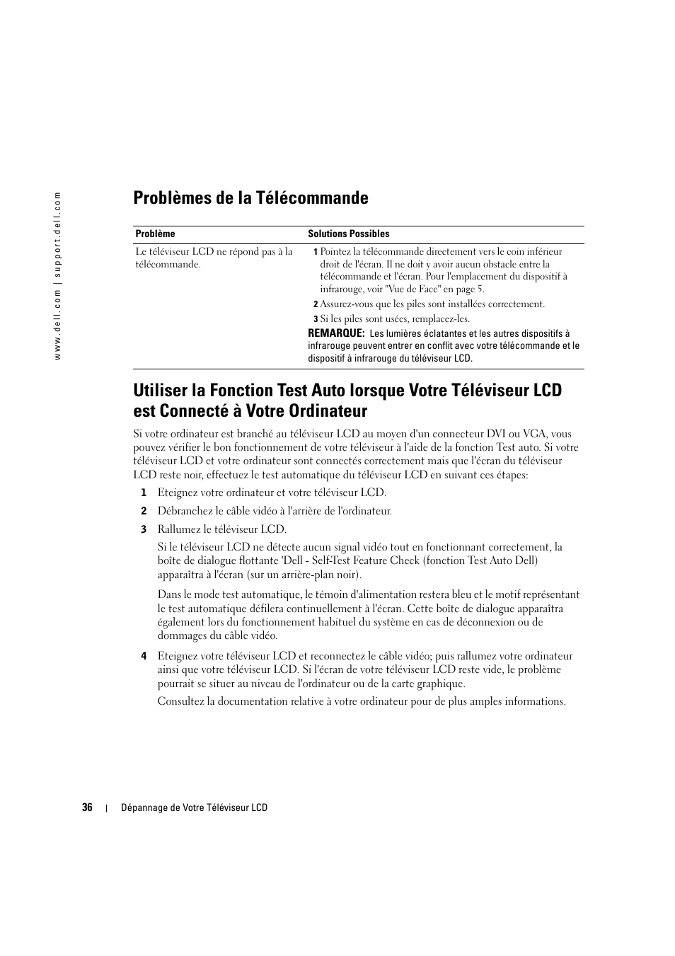 Problèmes de la télécommande | Dell LCD TV W2306C User Manual | Page 156 / 180