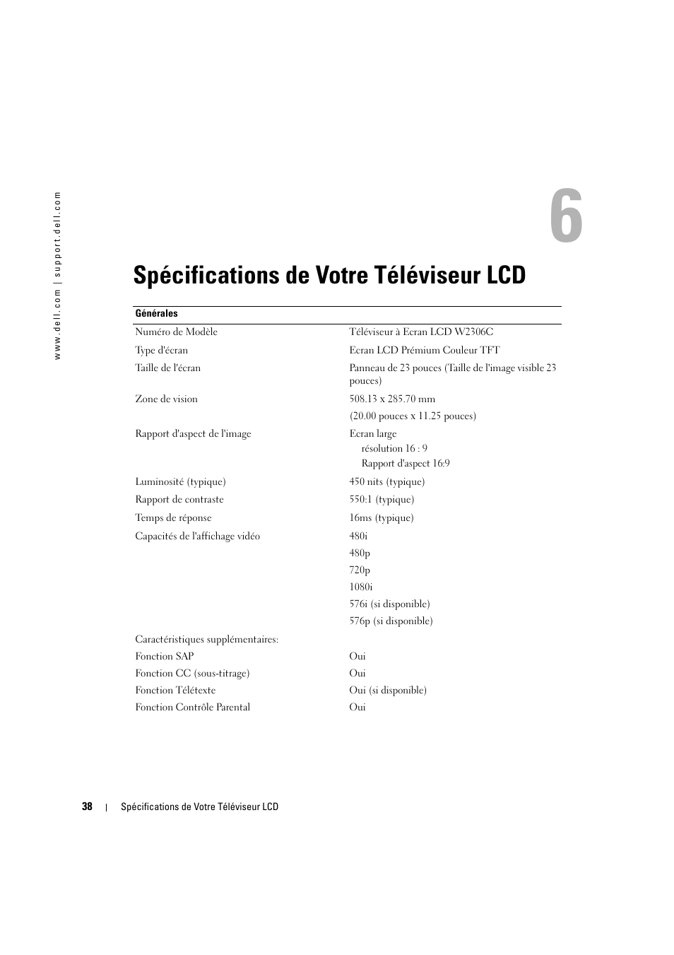 Spécifications de votre téléviseur lcd, 6 spécifications de votre téléviseur lcd | Dell LCD TV W2306C User Manual | Page 158 / 180