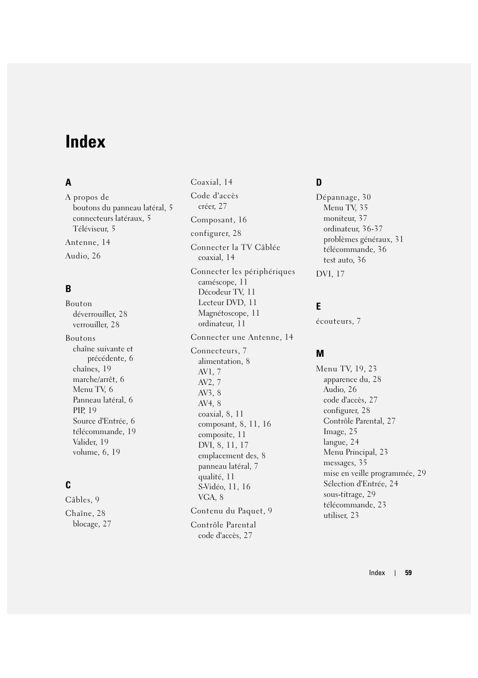 Index | Dell LCD TV W2306C User Manual | Page 179 / 180