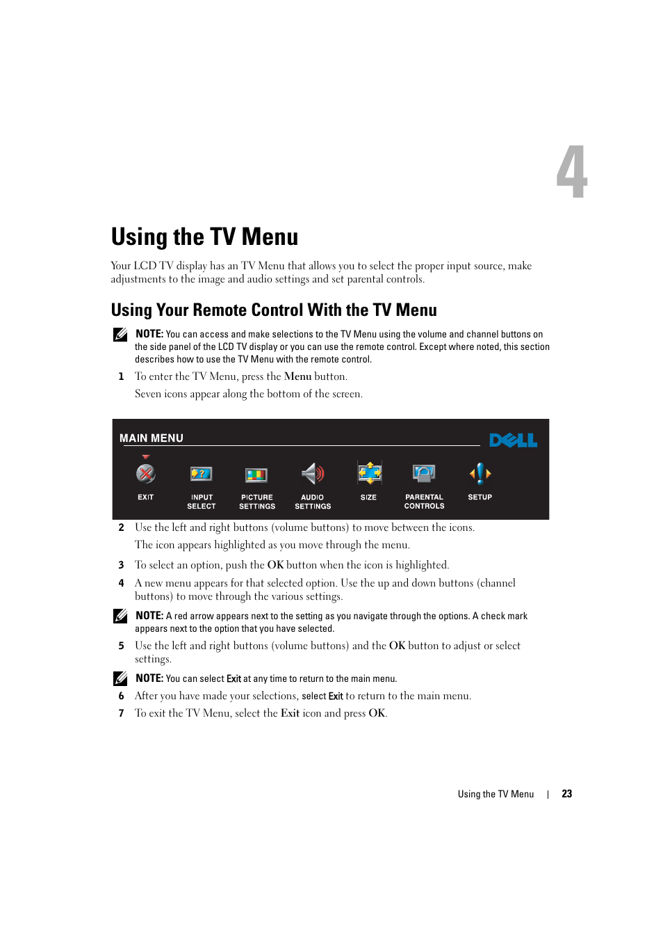 Using the tv menu, Using your remote control with the tv menu, 4 using the tv menu | Dell LCD TV W2306C User Manual | Page 23 / 180