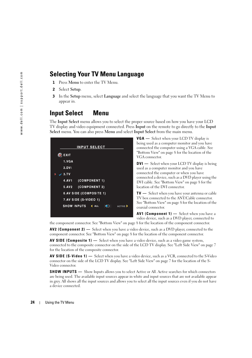 Selecting your tv menu language, Input select menu, Input select tv menu | Dell LCD TV W2306C User Manual | Page 24 / 180