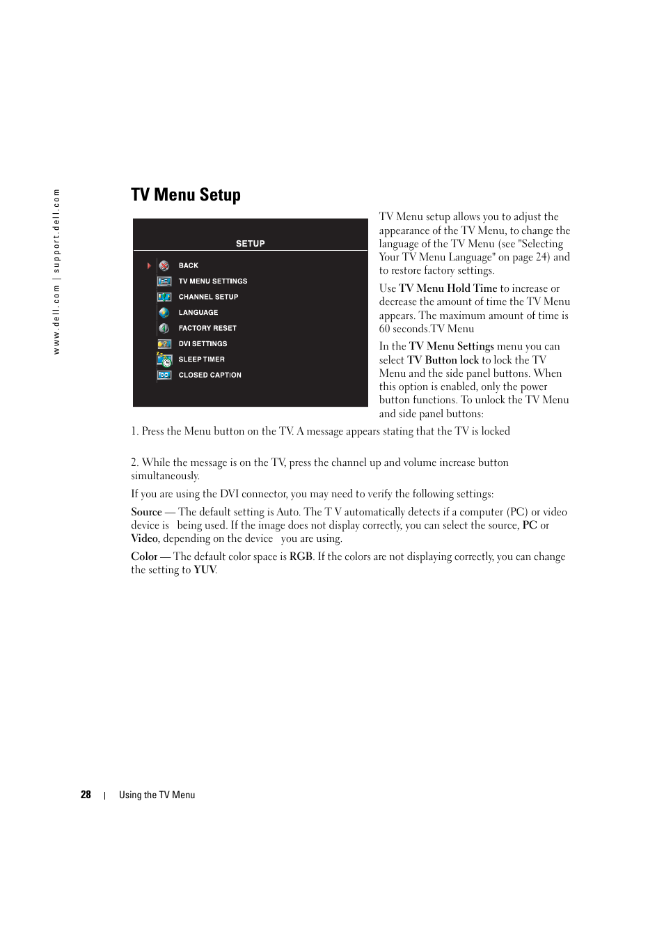 Tv menu setup | Dell LCD TV W2306C User Manual | Page 28 / 180