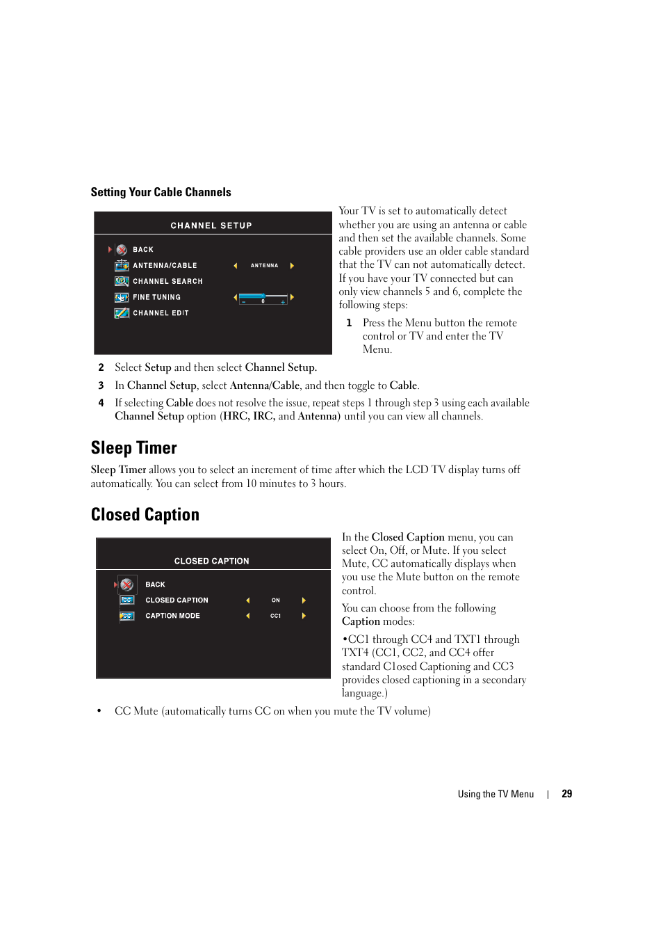 Sleep timer, Closed caption | Dell LCD TV W2306C User Manual | Page 29 / 180