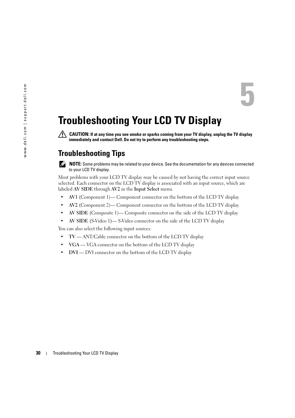 Troubleshooting your lcd tv display, Troubleshooting tips, 5 troubleshooting your lcd tv display | Dell LCD TV W2306C User Manual | Page 30 / 180
