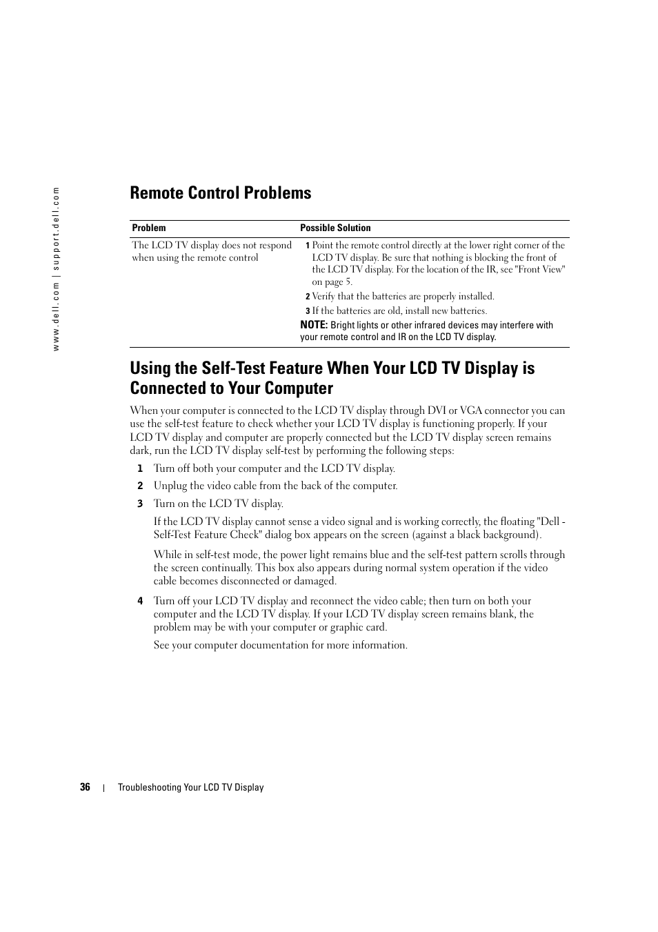 Remote control problems | Dell LCD TV W2306C User Manual | Page 36 / 180