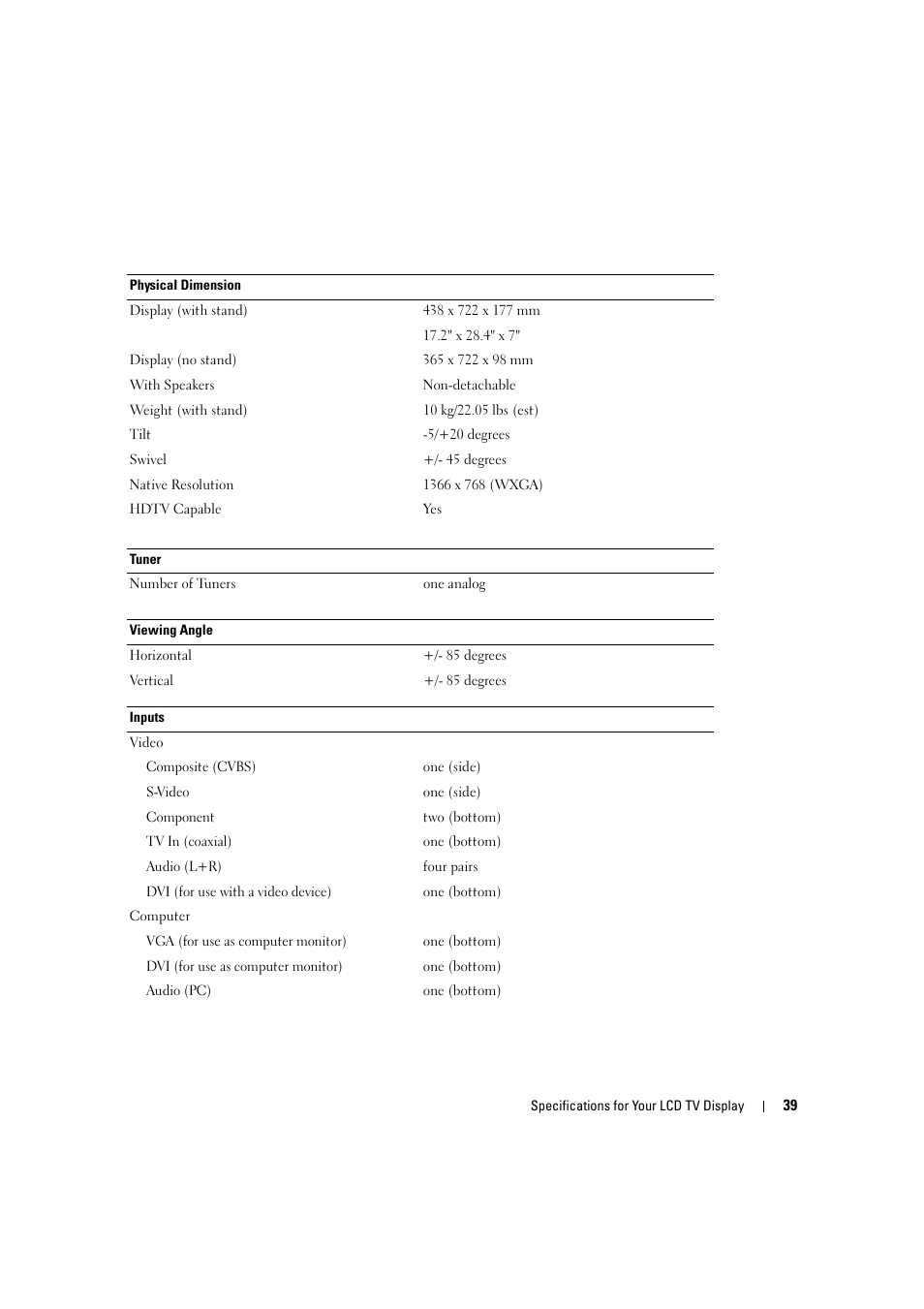 Dell LCD TV W2306C User Manual | Page 39 / 180