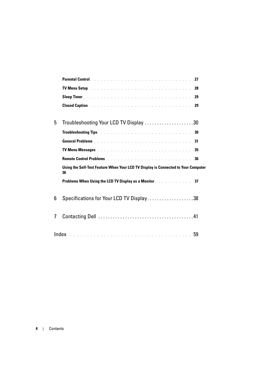 5 troubleshooting your lcd tv display | Dell LCD TV W2306C User Manual | Page 4 / 180