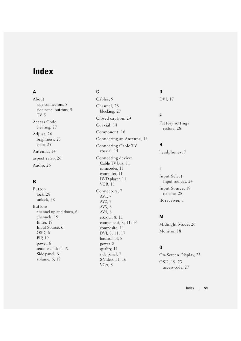 Index | Dell LCD TV W2306C User Manual | Page 59 / 180