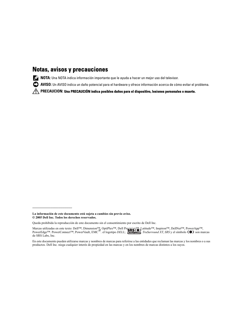 Notas, avisos y precauciones | Dell LCD TV W2306C User Manual | Page 62 / 180