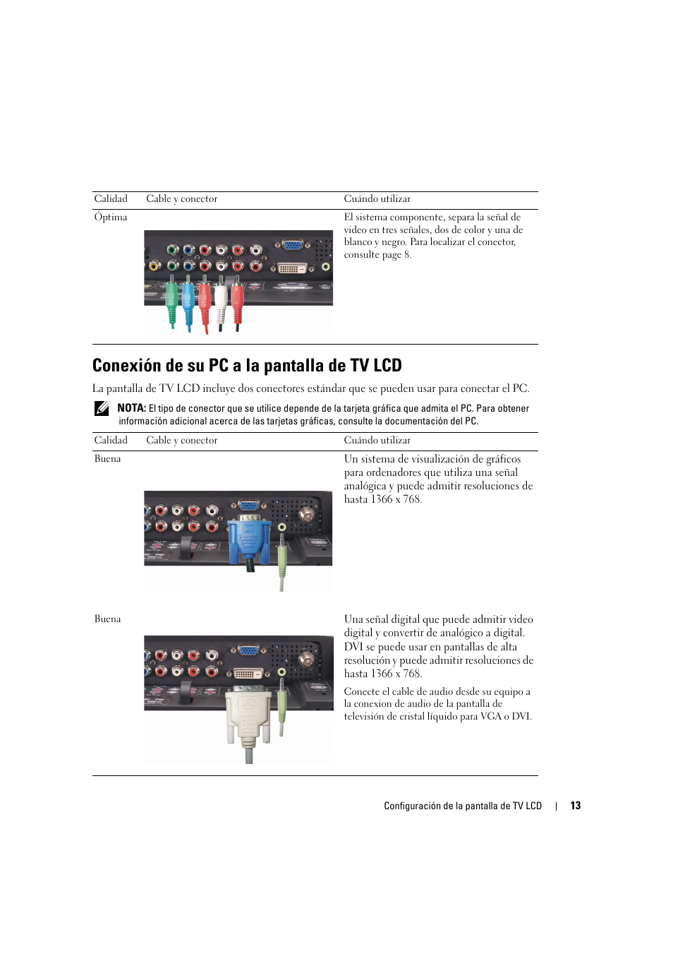 Conexión de su pc a la pantalla de tv lcd | Dell LCD TV W2306C User Manual | Page 73 / 180