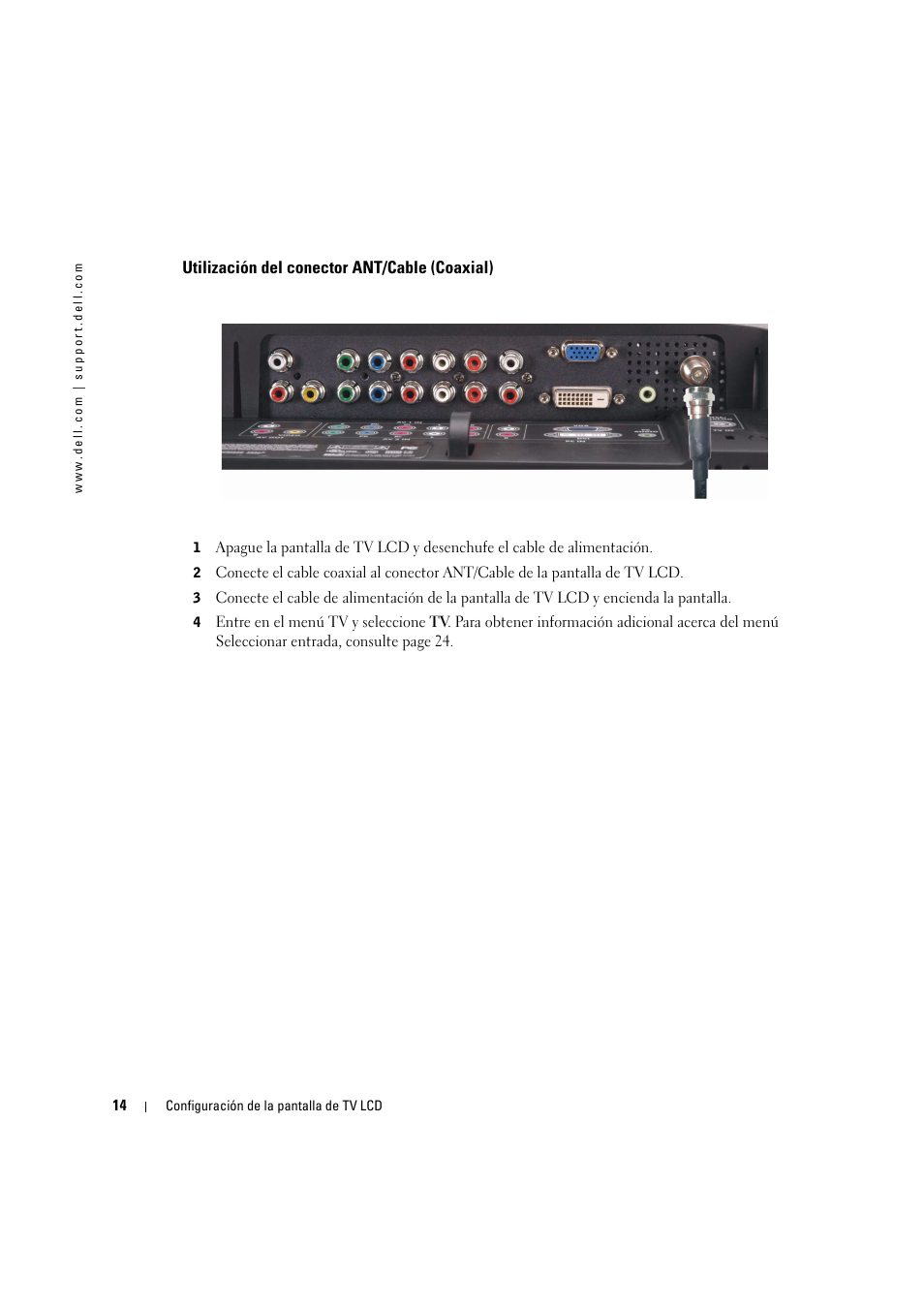 Utilización del conector ant/cable (coaxial) | Dell LCD TV W2306C User Manual | Page 74 / 180
