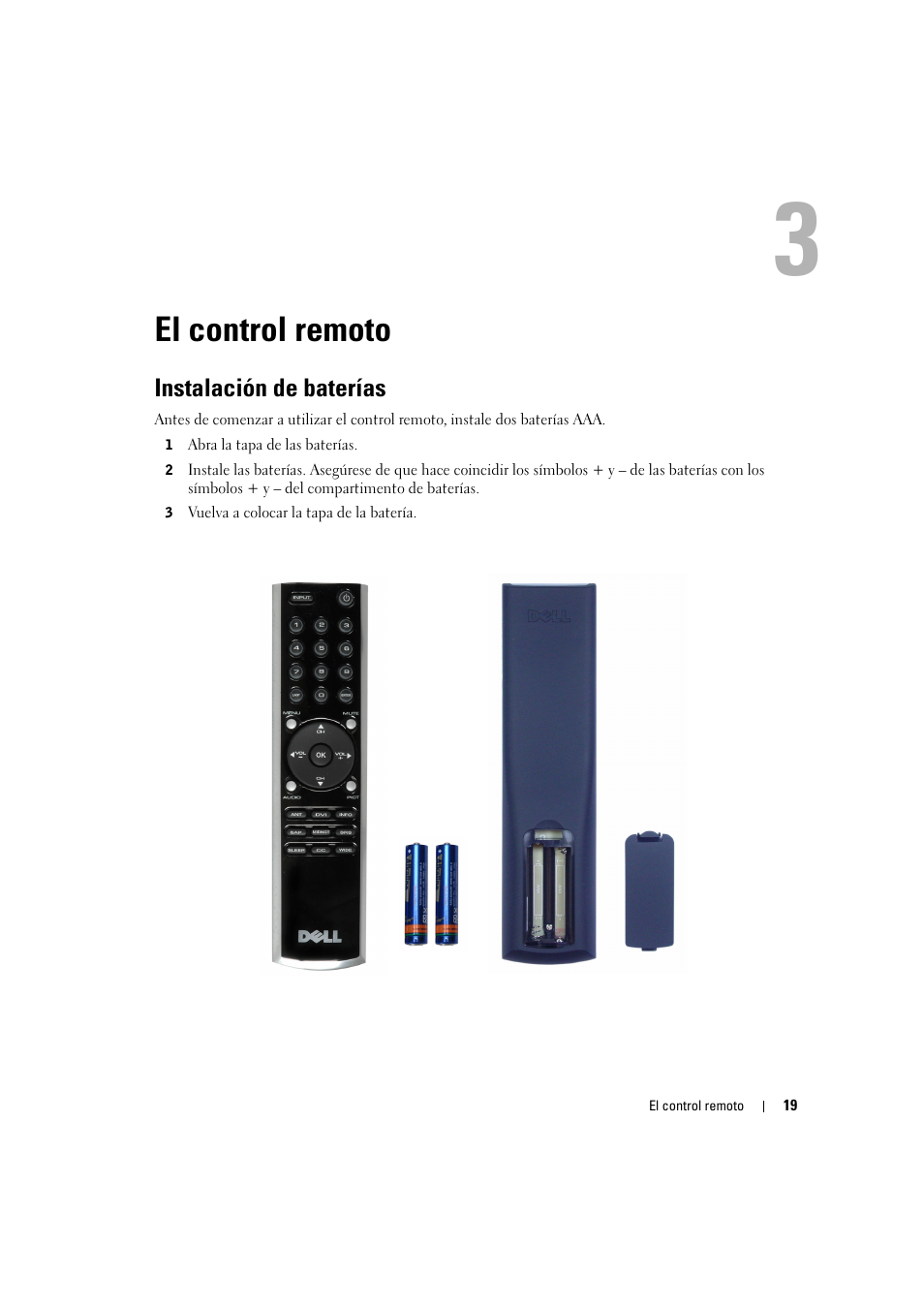 El control remoto, Instalación de baterías, 3 el control remoto | Dell LCD TV W2306C User Manual | Page 79 / 180