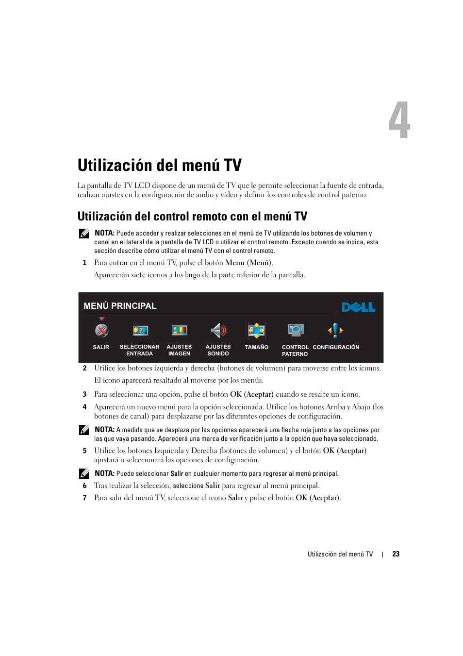 Utilización del menú tv, Utilización del control remoto con el menú tv, 4 utilización del menú tv | Dell LCD TV W2306C User Manual | Page 83 / 180