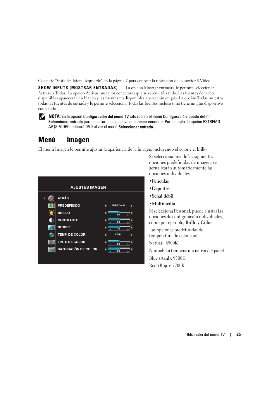Menú imagen, Menú tv imagen | Dell LCD TV W2306C User Manual | Page 85 / 180