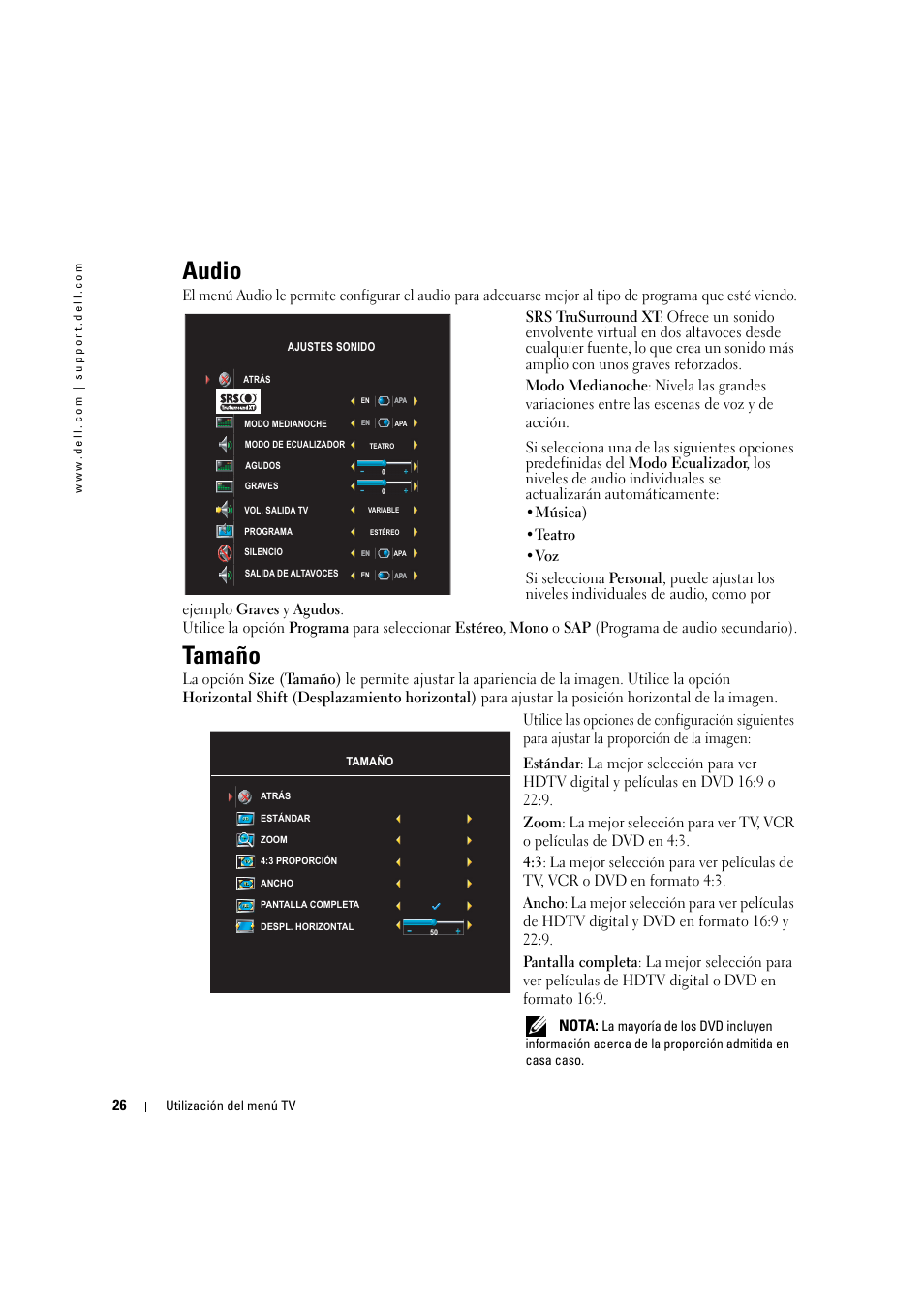 Audio, Tamaño | Dell LCD TV W2306C User Manual | Page 86 / 180