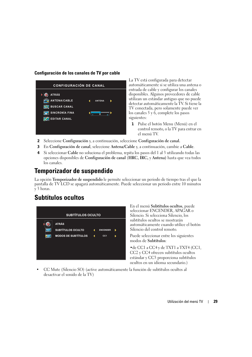 Temporizador de suspendido, Subtítulos ocultos | Dell LCD TV W2306C User Manual | Page 89 / 180