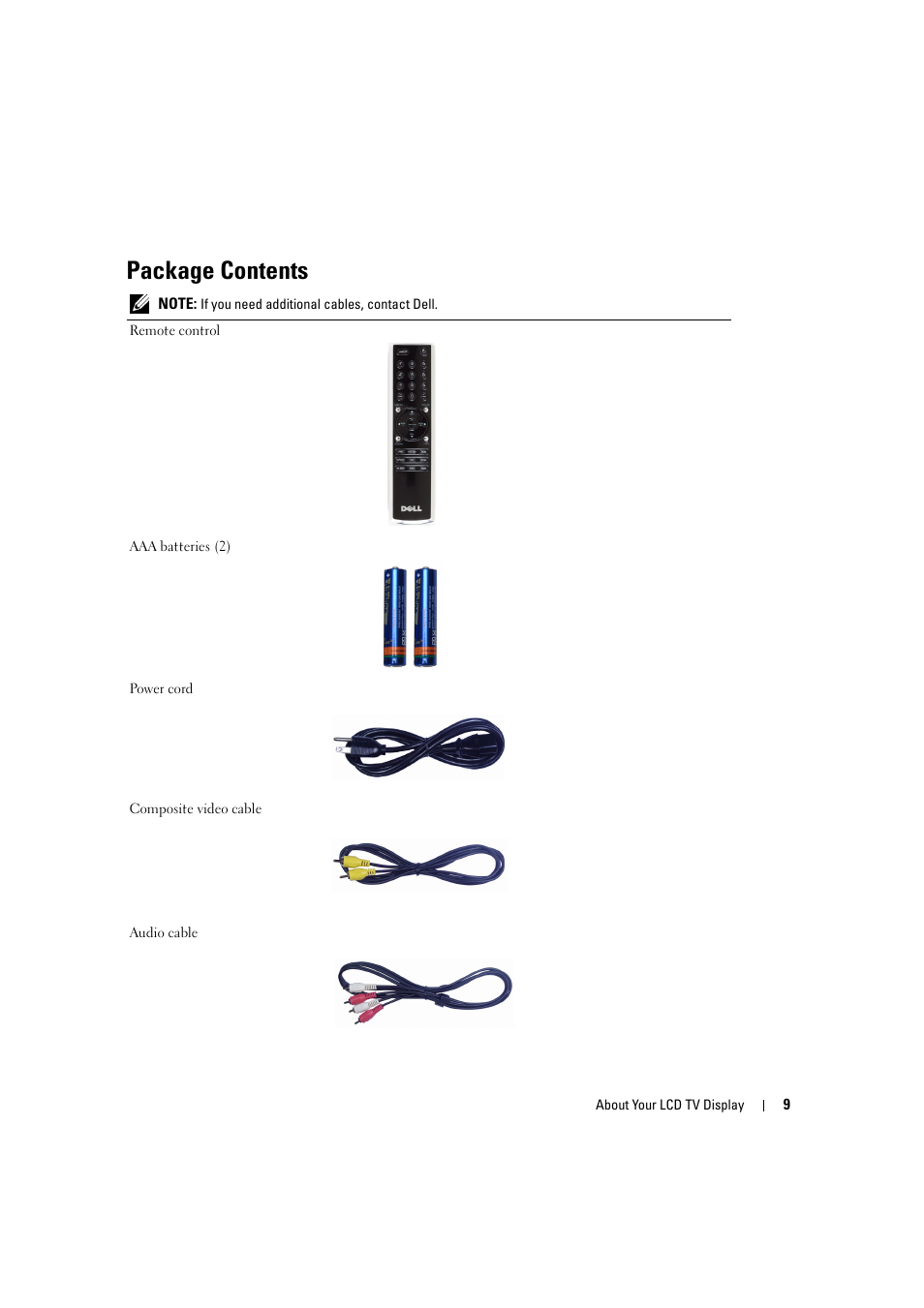 Package contents | Dell LCD TV W2306C User Manual | Page 9 / 180