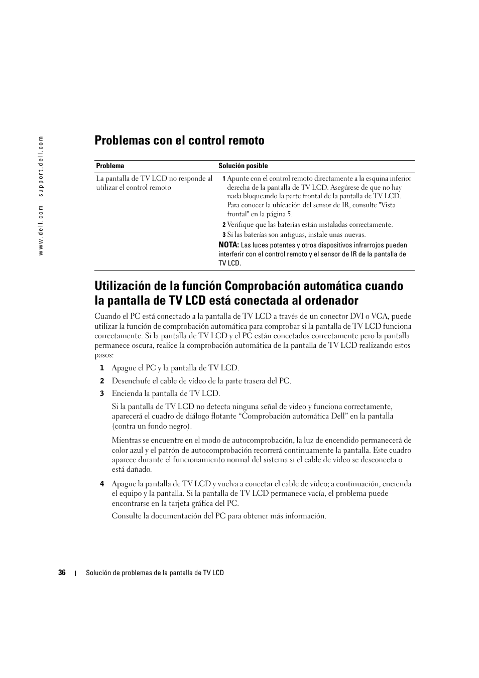 Problemas con el control remoto | Dell LCD TV W2306C User Manual | Page 96 / 180
