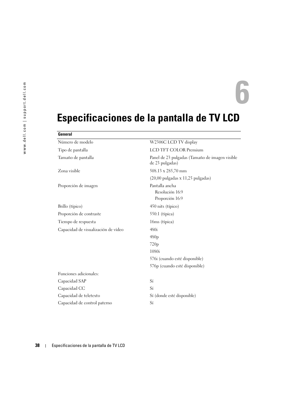 Especificaciones de la pantalla de tv lcd, 6 especificaciones de la pantalla de tv lcd | Dell LCD TV W2306C User Manual | Page 98 / 180