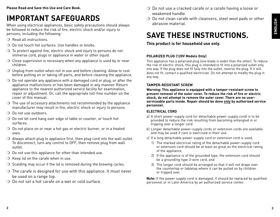 Important safeguards, Save these instructions | Black & Decker DCM100B User Manual | Page 2 / 15