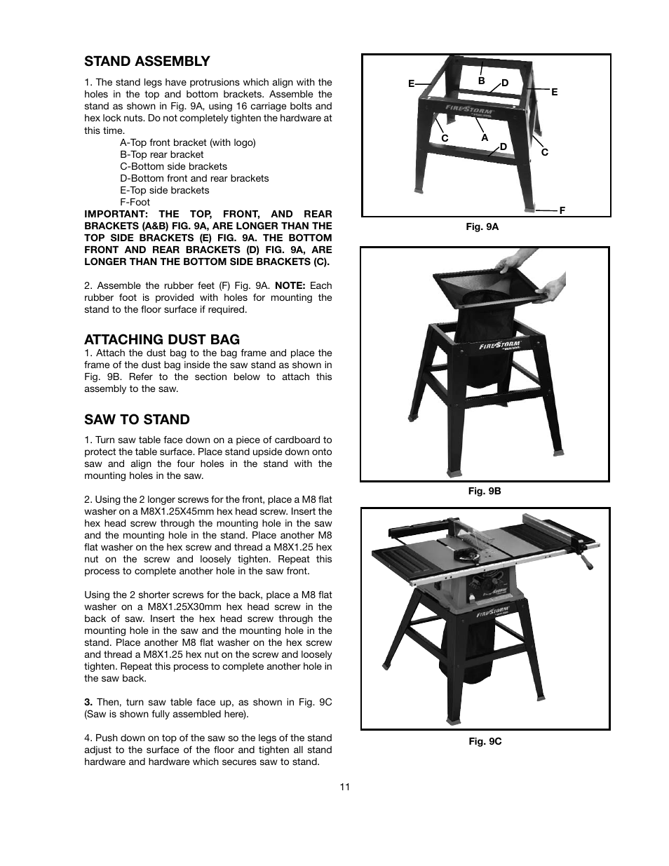 Stand assembly, Attaching dust bag, Saw to stand | Black & Decker FIRESTORM FS210LS User Manual | Page 11 / 68