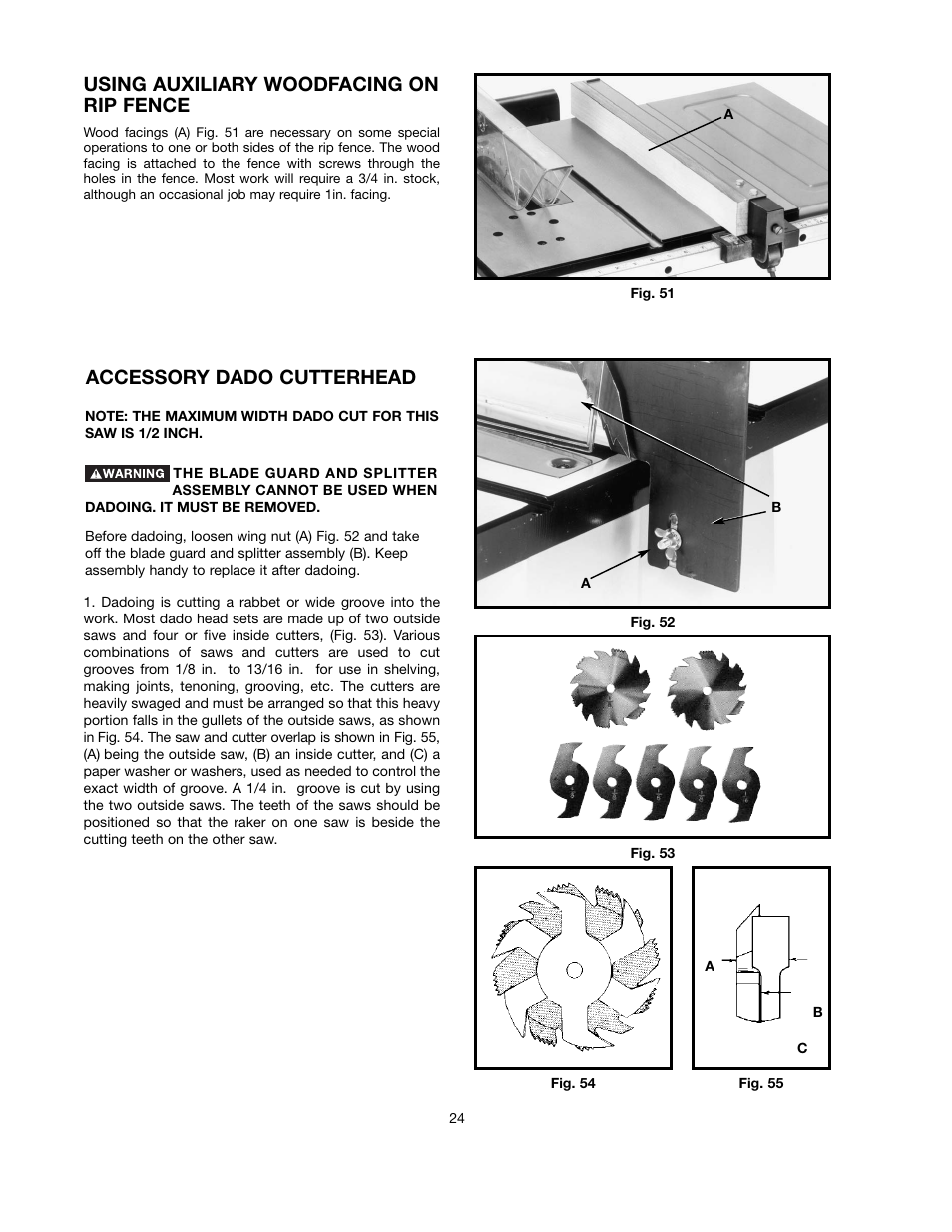 Using auxiliary woodfacing on rip fence, Accessory dado cutterhead | Black & Decker FIRESTORM FS210LS User Manual | Page 24 / 68