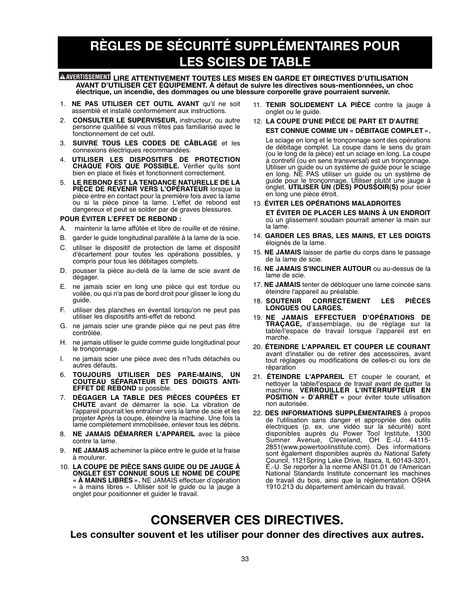 Conserver ces directives | Black & Decker FIRESTORM FS210LS User Manual | Page 33 / 68