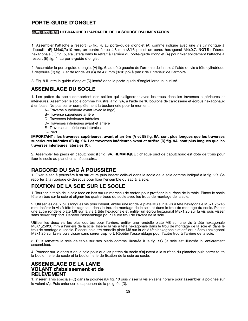 Porte-guide d’onglet, Assemblage du socle, Raccord du sac à poussière | Fixation de la scie sur le socle | Black & Decker FIRESTORM FS210LS User Manual | Page 39 / 68