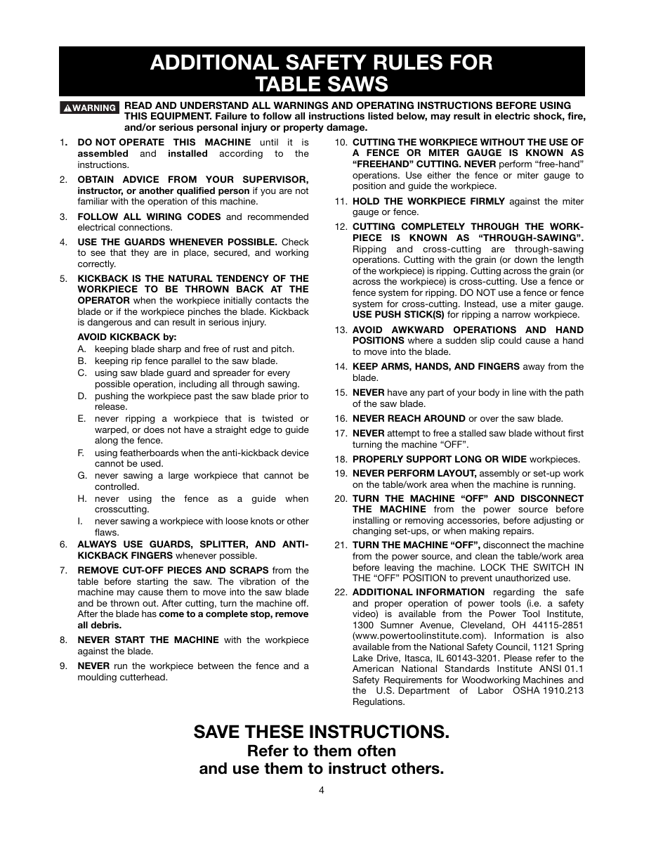 Additional safety rules for table saws, Save these instructions | Black & Decker FIRESTORM FS210LS User Manual | Page 4 / 68