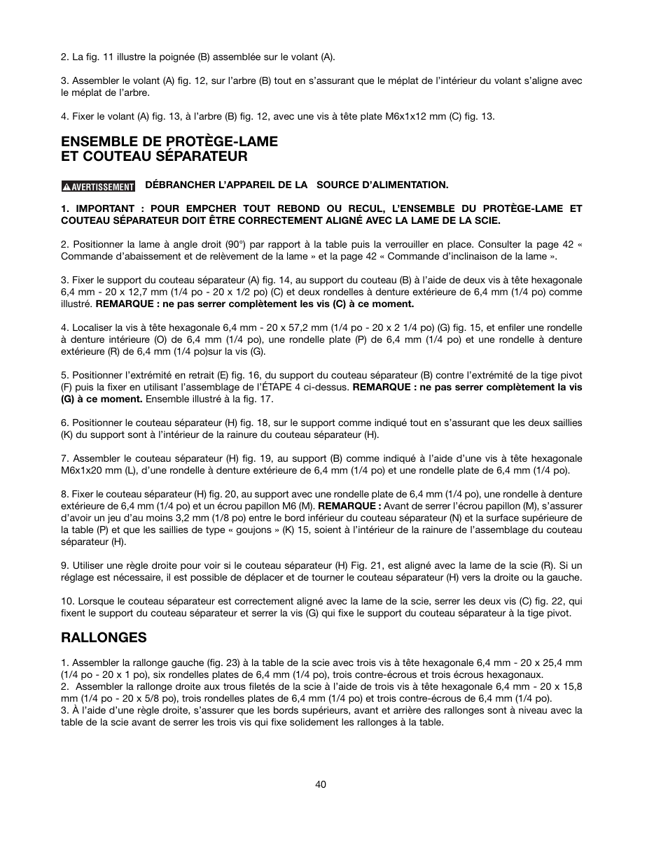 Ensemble de protège-lame et couteau séparateur, Rallonges | Black & Decker FIRESTORM FS210LS User Manual | Page 40 / 68