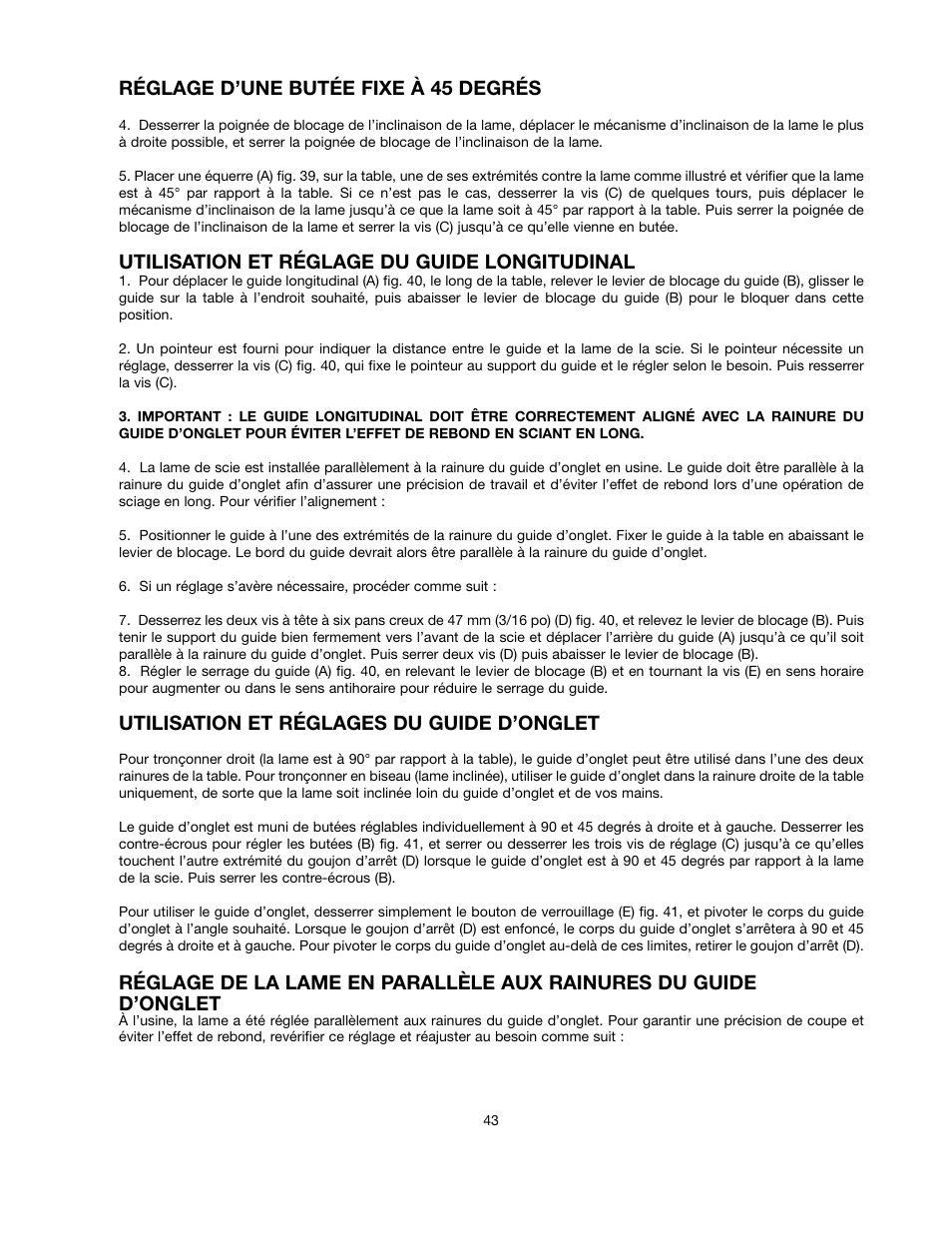 Réglage d’une butée fixe à 45 degrés, Utilisation et réglage du guide longitudinal, Utilisation et réglages du guide d’onglet | Black & Decker FIRESTORM FS210LS User Manual | Page 43 / 68