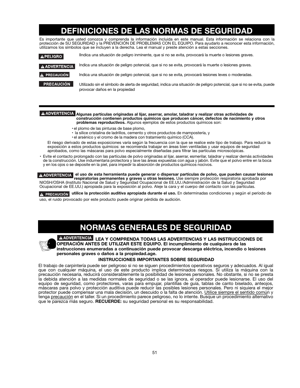 Definiciones de las normas de seguridad, Normas generales de seguridad | Black & Decker FIRESTORM FS210LS User Manual | Page 51 / 68