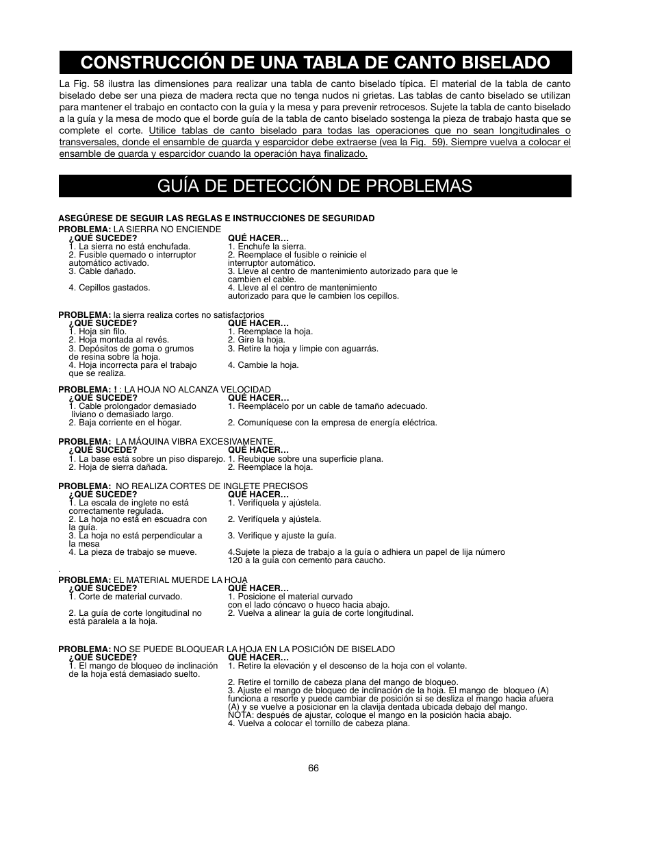 Construcción de una tabla de canto biselado, Guía de detección de problemas | Black & Decker FIRESTORM FS210LS User Manual | Page 66 / 68