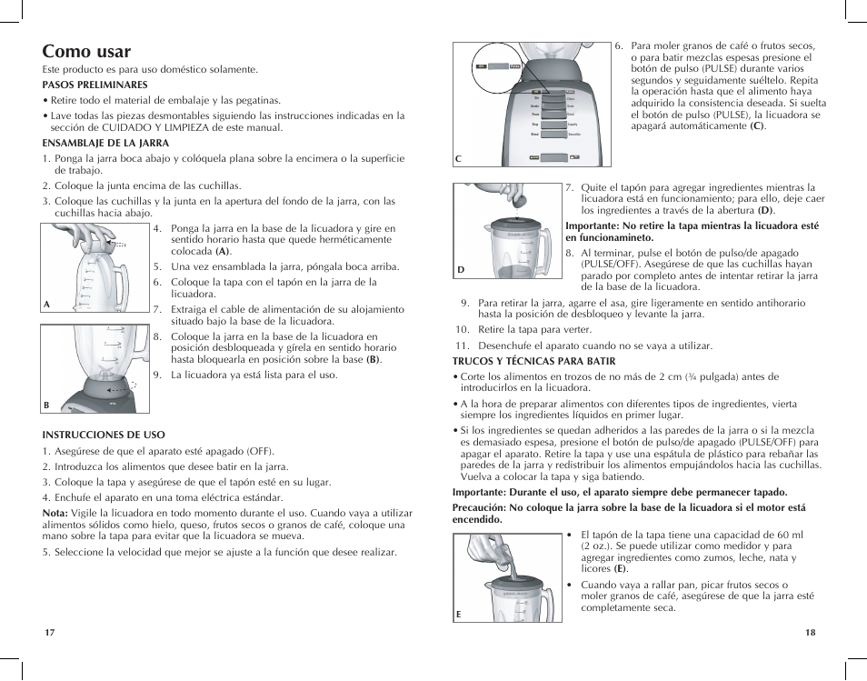 Como usar, Cups ozs, Ff stir off pulse | Black & Decker BLC10650MB User Manual | Page 10 / 25