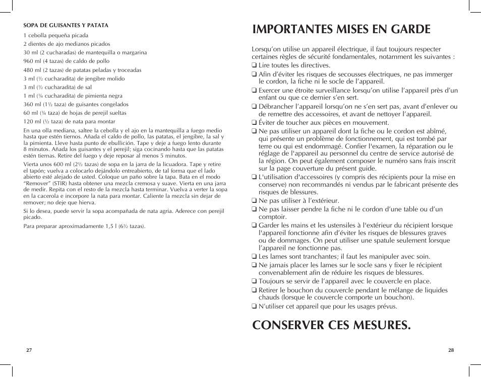 Importantes mises en garde, Conserver ces mesures | Black & Decker BLC10650MB User Manual | Page 15 / 25