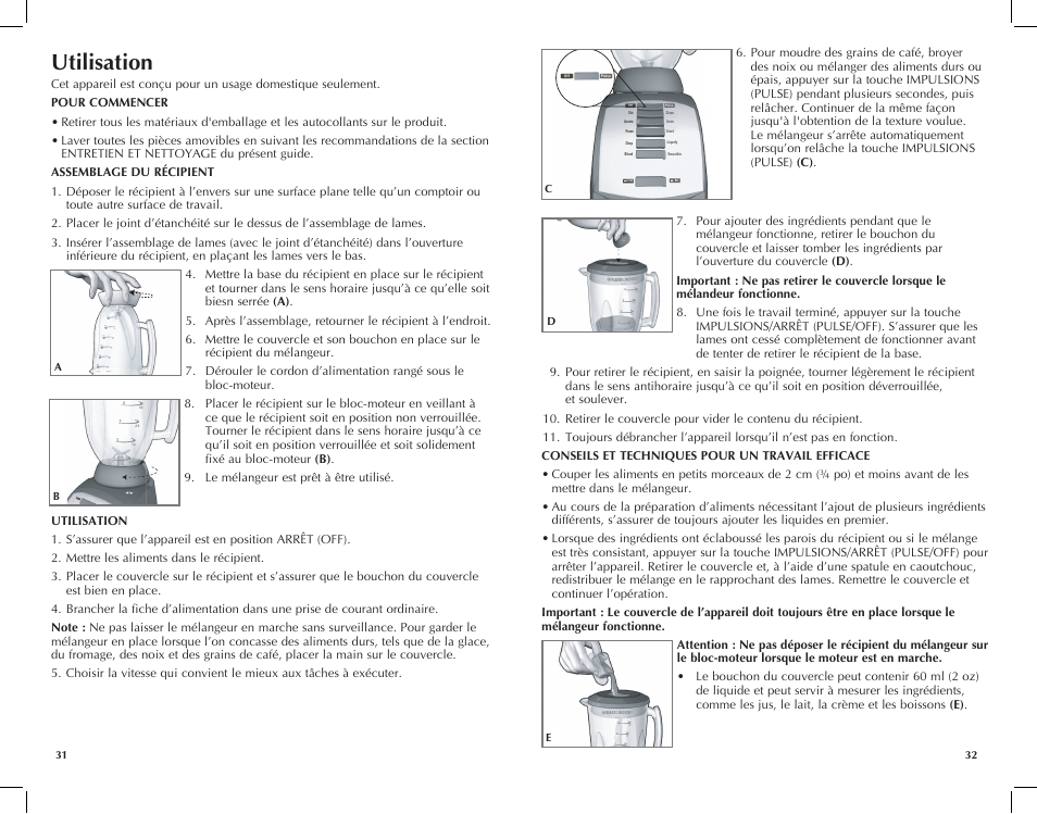Utilisation, Cups ozs, Ff stir off pulse | Black & Decker BLC10650MB User Manual | Page 17 / 25