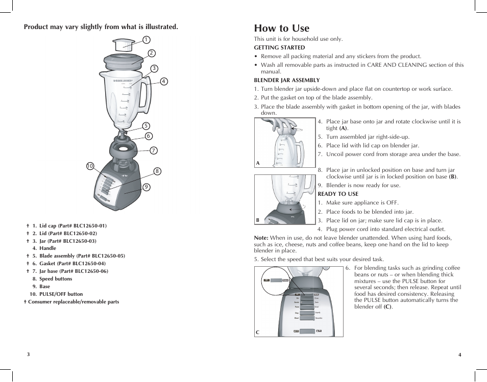 How to use, Cups ozs, Ff stir off pulse | Black & Decker BLC10650MB User Manual | Page 3 / 25