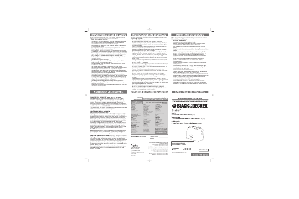 Black & Decker T100 Series User Manual | 2 pages