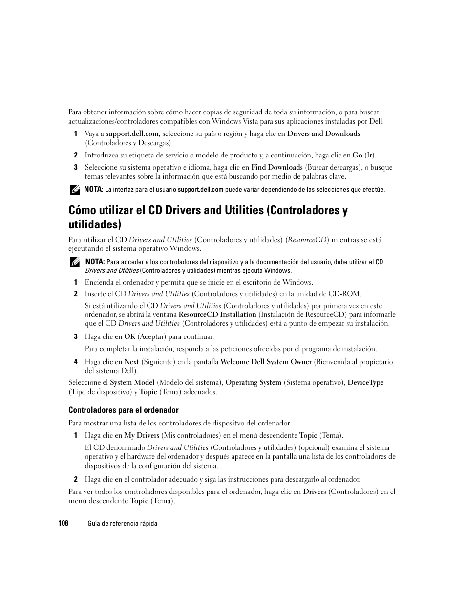 Controladores para el ordenador | Dell OptiPlex 745c (Early 2007) User Manual | Page 108 / 110