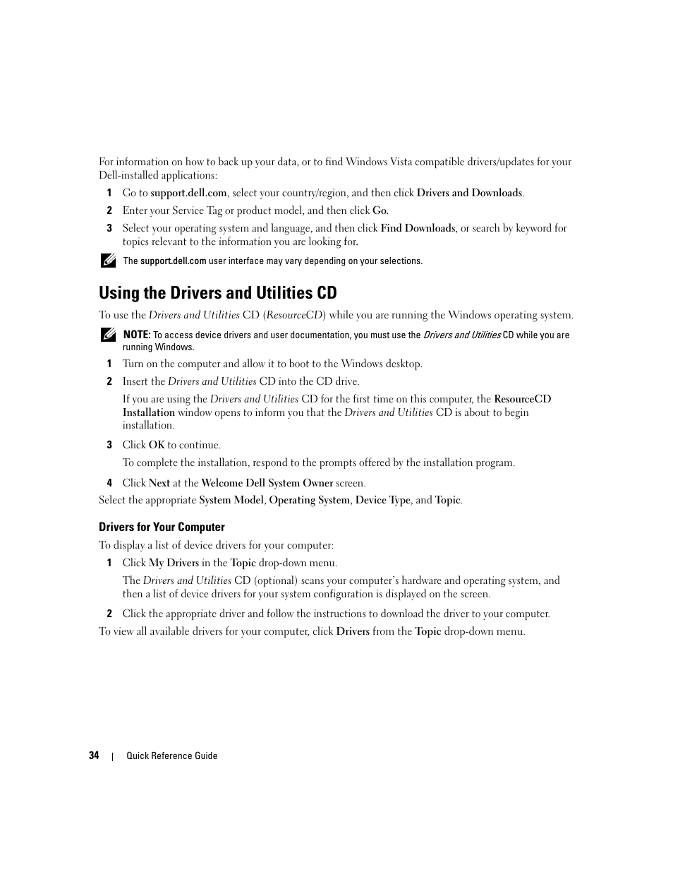 Using the drivers and utilities cd, Drivers for your computer, Support.dell.com | Dell OptiPlex 745c (Early 2007) User Manual | Page 34 / 110