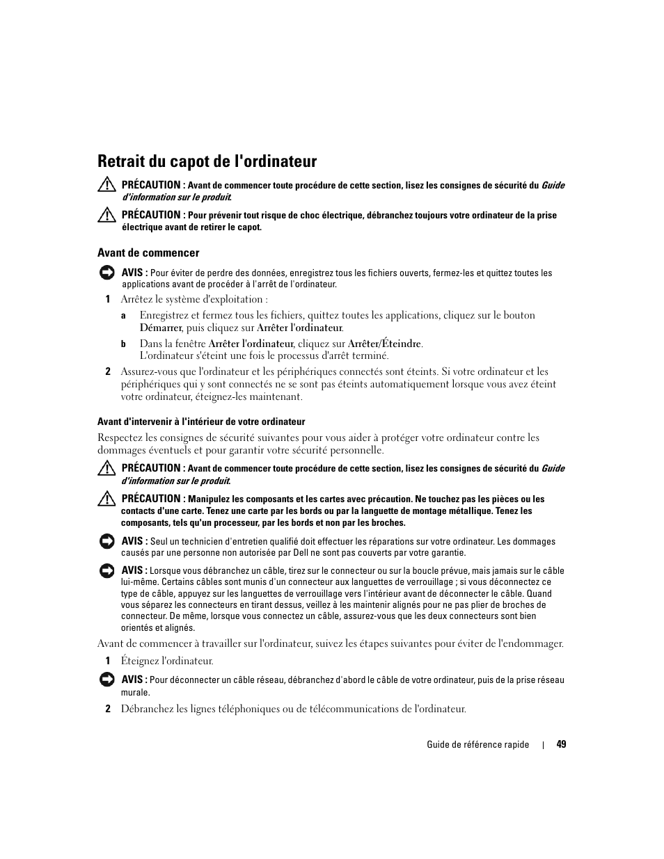 Retrait du capot de l'ordinateur, Avant de commencer | Dell OptiPlex 745c (Early 2007) User Manual | Page 49 / 110