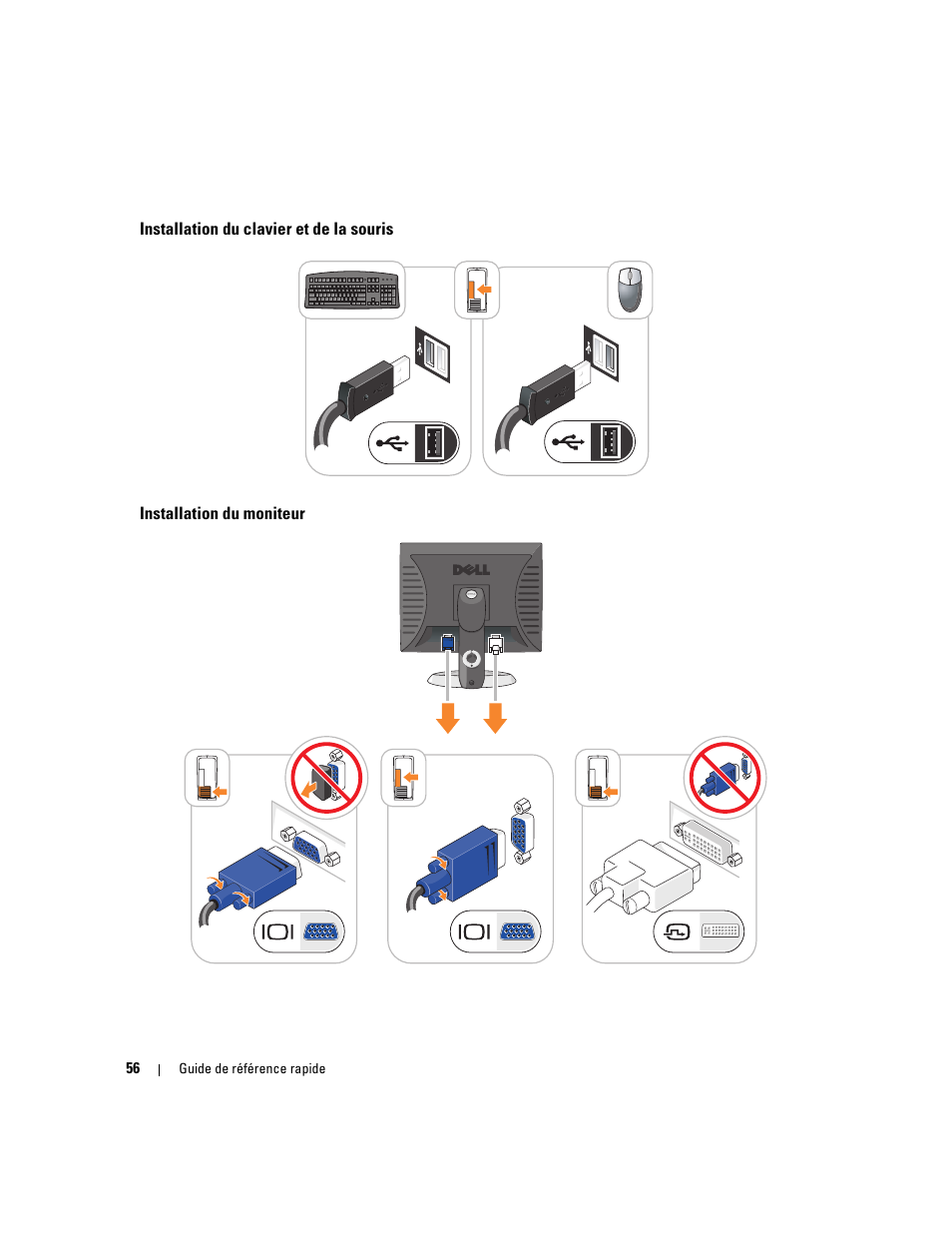 Installation du clavier et de la souris, Installation du moniteur | Dell OptiPlex 745c (Early 2007) User Manual | Page 56 / 110